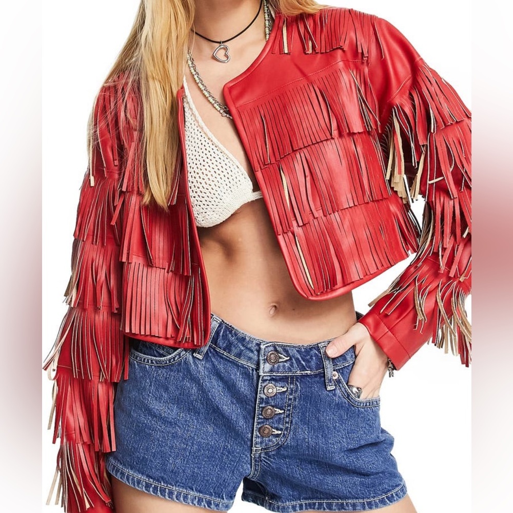 ASOS DESIGN Fringe Faux Leather Jacket Red